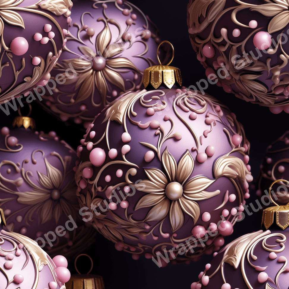 Elegant floral pattern with gold flower accents and pink berry details on a plum background.