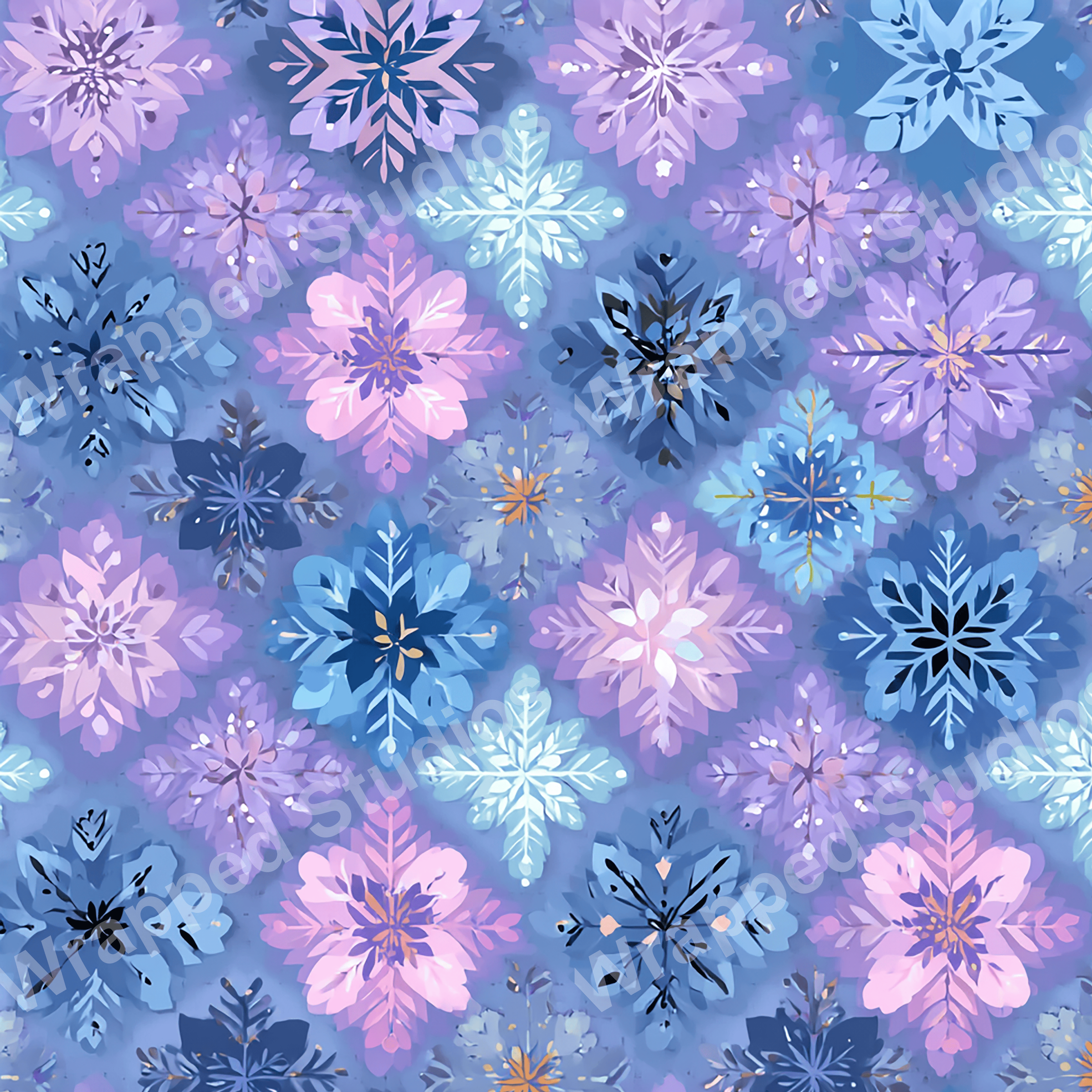 Elegant snowflake pattern in pastel blue, lavender, and pink hues creates a winter floral design.