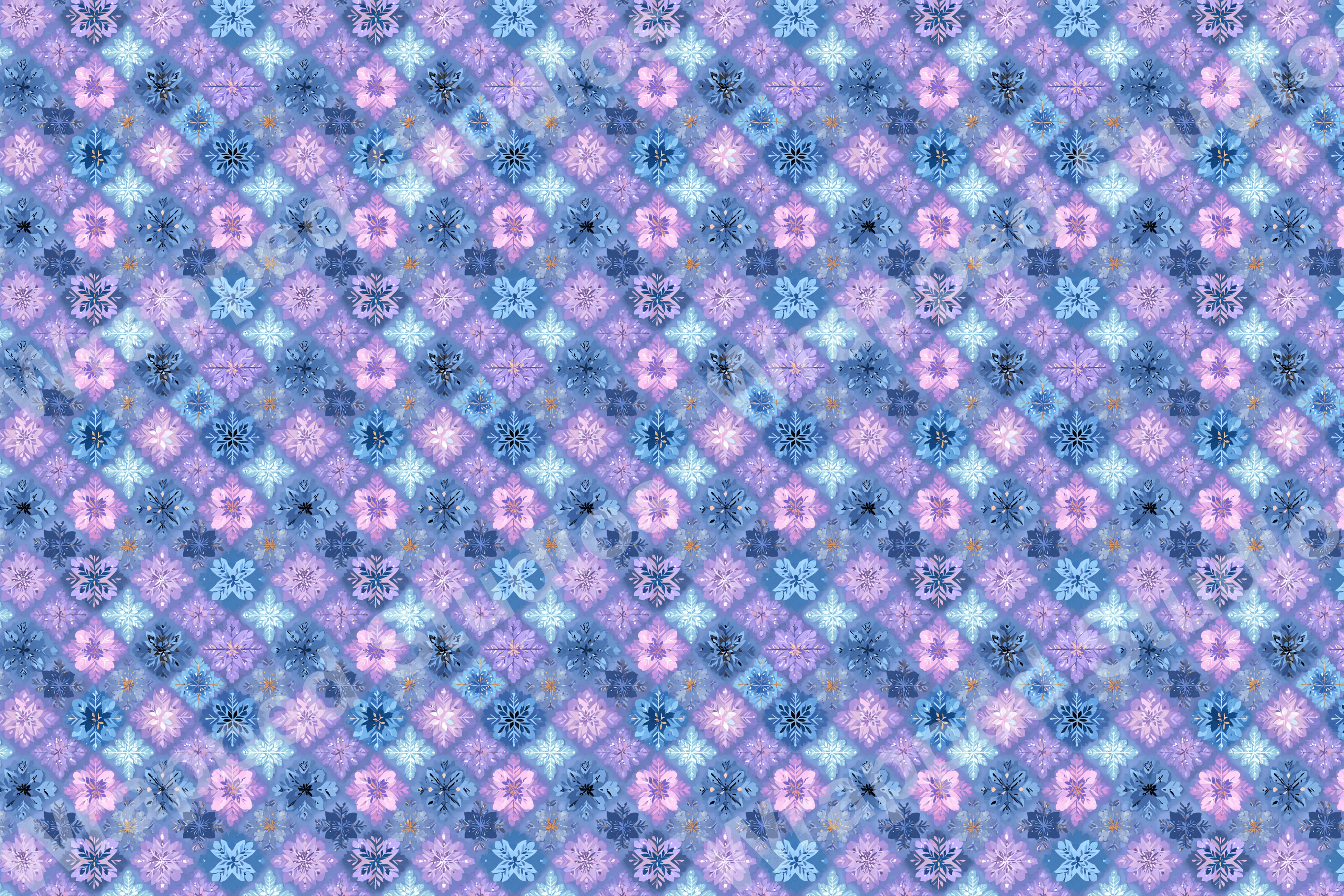Watercolor snowflake pattern in blue, lavender, and pink hues.