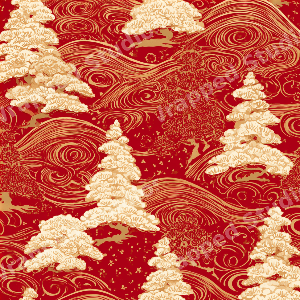 Elegant Japanese-style pattern featuring gold pine trees and swirling waves on a rich red background.