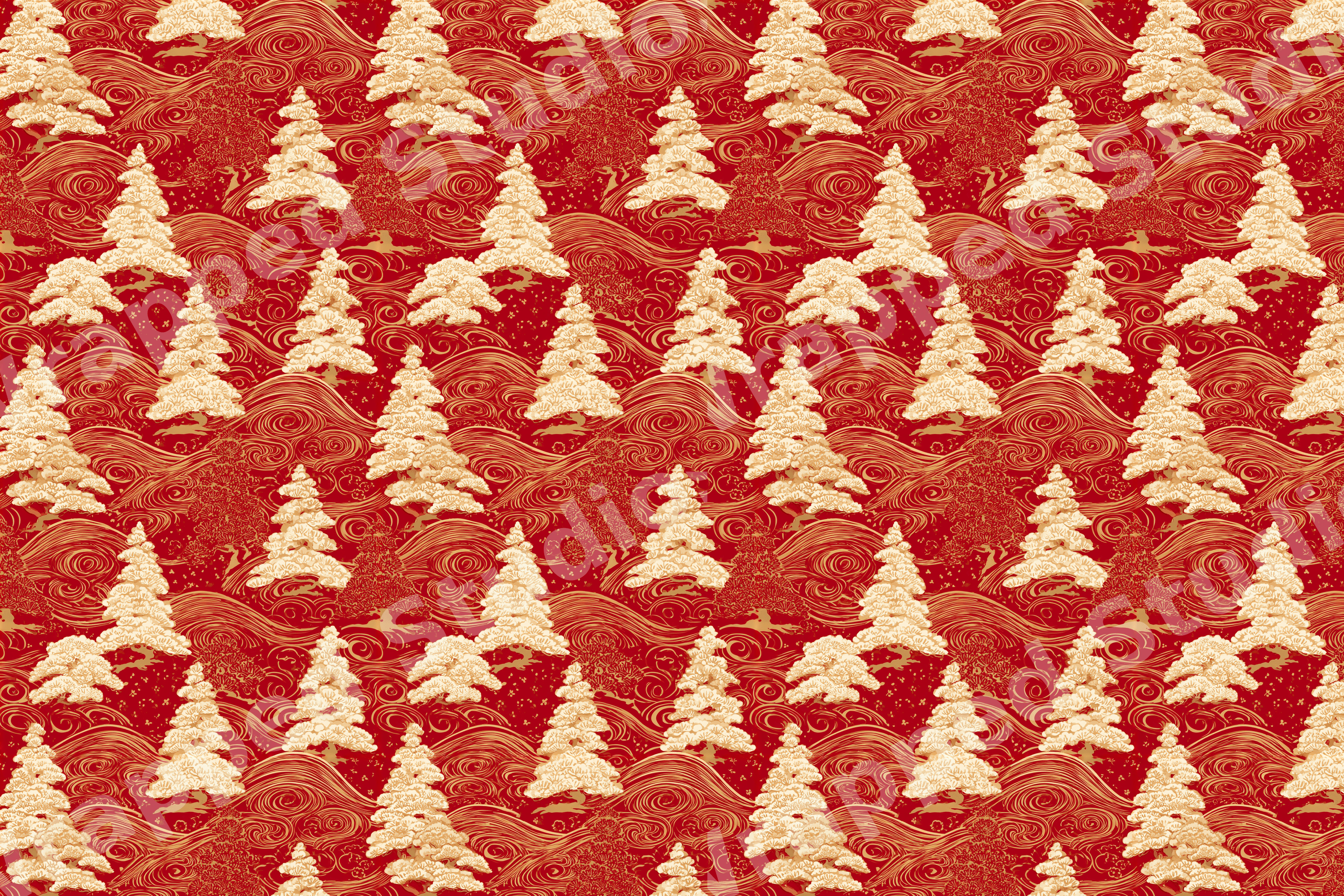 Elegant Japanese red and gold seamless pattern featuring traditional pine trees and swirling wave designs.
