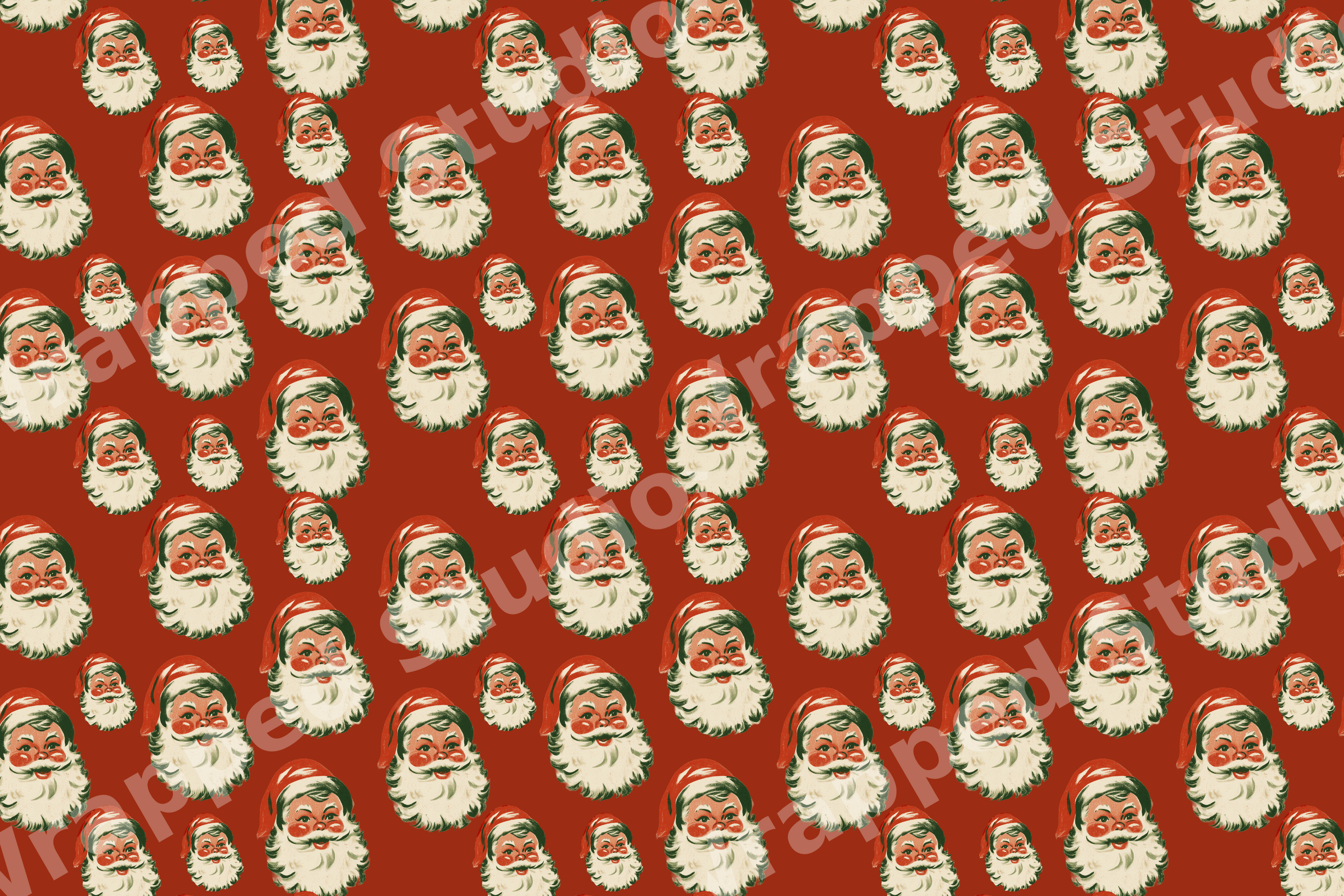 Retro Santa Claus repeating pattern with vintage holiday illustrations on a deep red background.