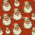 A repeating vintage-style pattern of Santa Claus faces on a solid red background. Each Santa face has a cream beard, red cheeks, and a red hat with dark green outlines.
