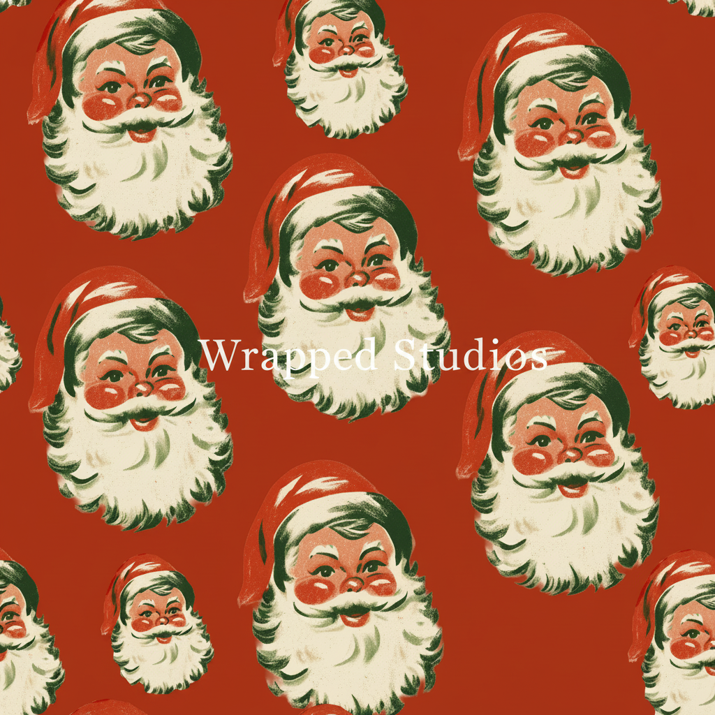 A repeating vintage-style pattern of Santa Claus faces on a solid red background. Each Santa face has a cream beard, red cheeks, and a red hat with dark green outlines.