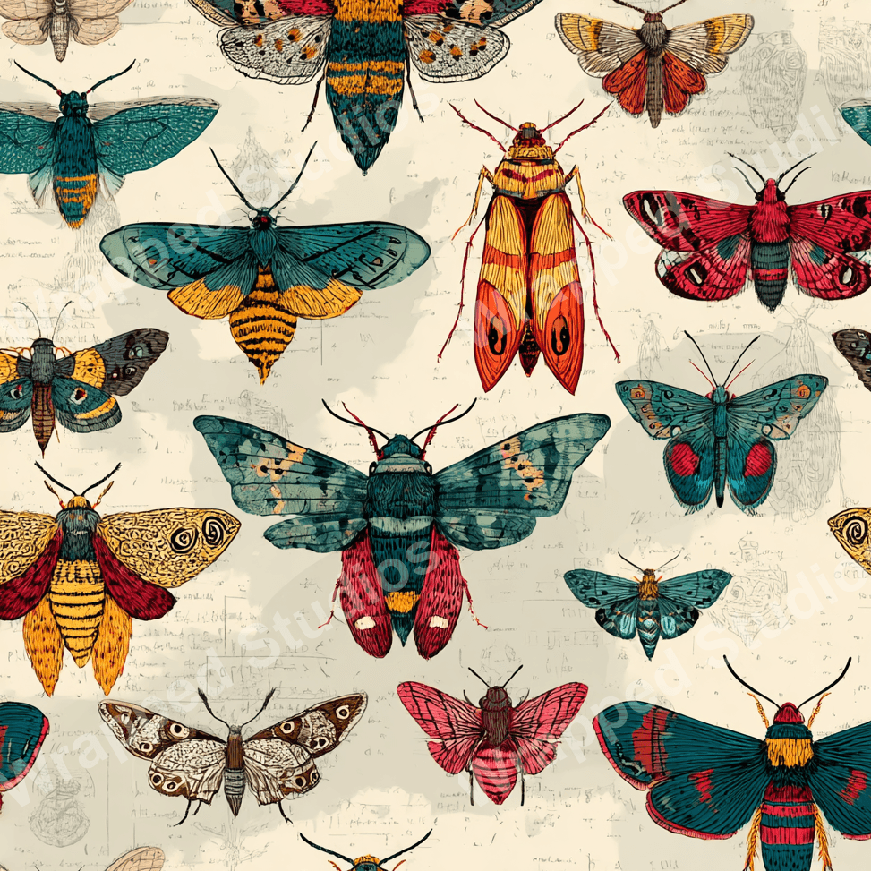 Detailed vintage moth pattern featuring colorful insect illustrations on a pale beige background.