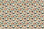 Vintage-inspired butterfly and moth pattern with red, teal, gold, and neutral tones.