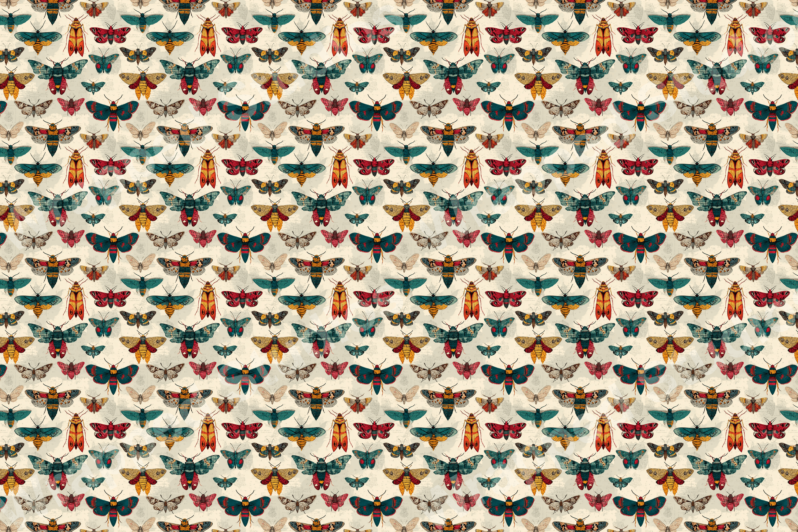 Vintage-inspired butterfly and moth pattern with red, teal, gold, and neutral tones.