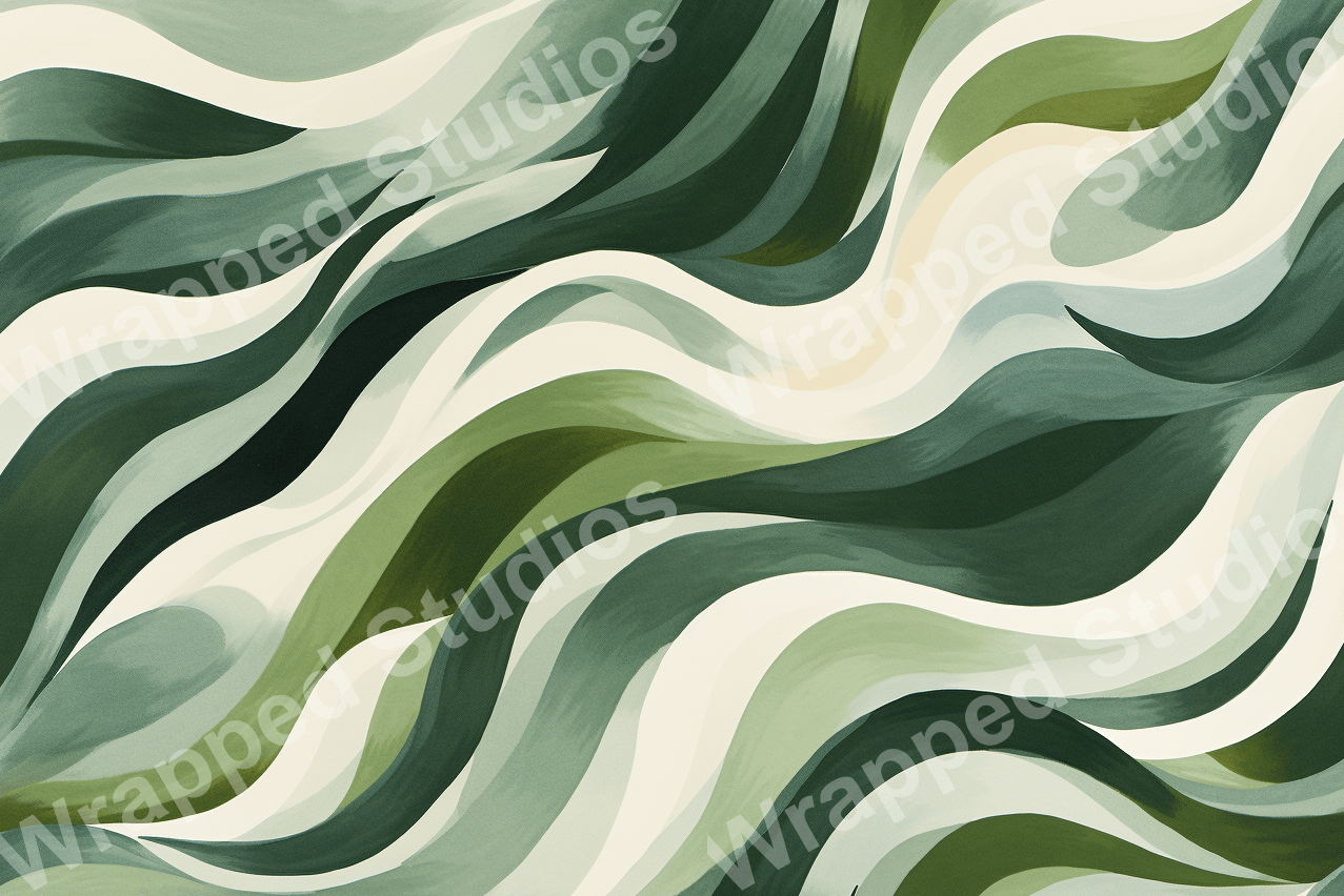 Abstract wavy stripe pattern in shades of green and cream.