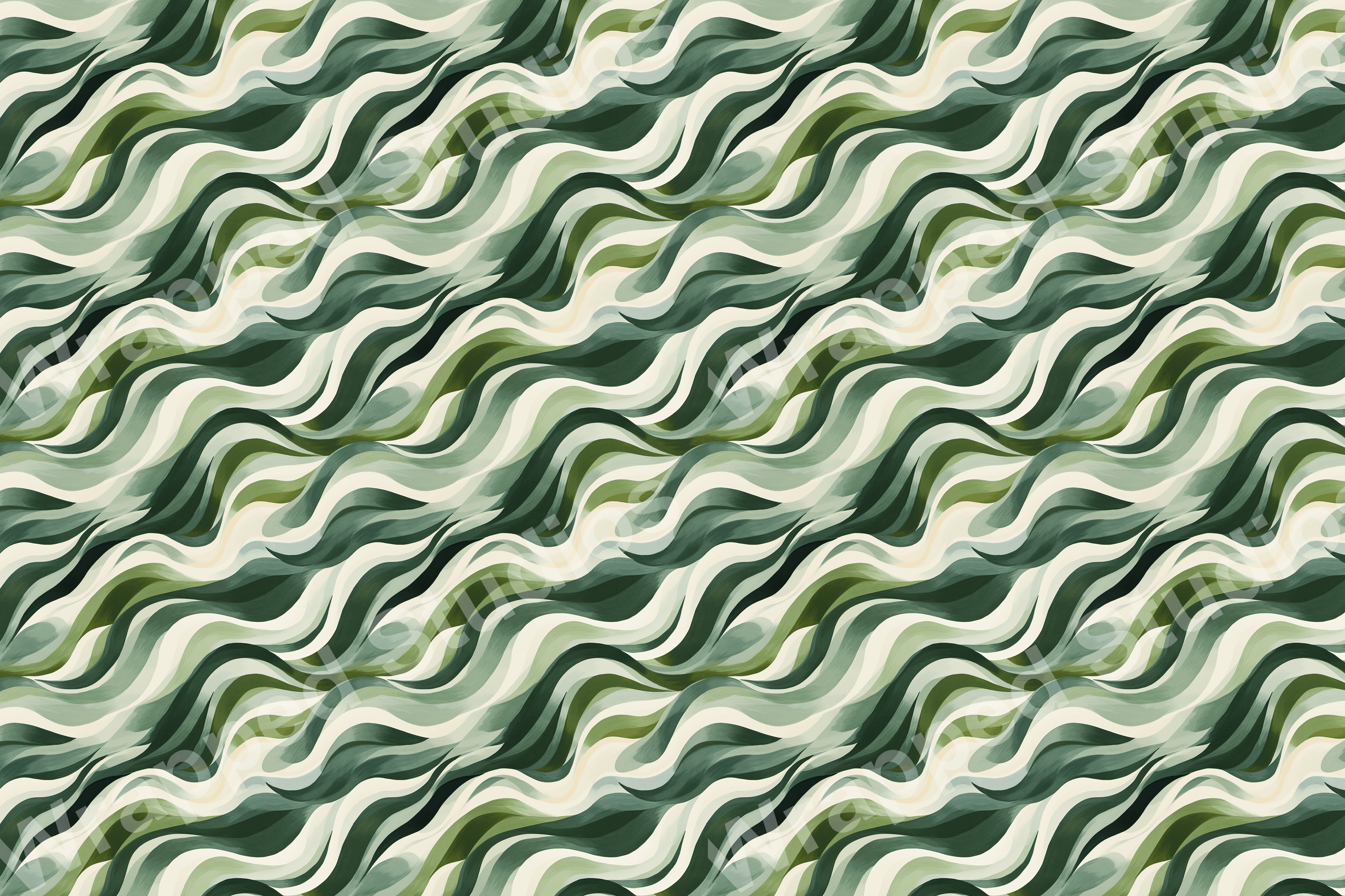 Seamless abstract pattern with flowing stripes in shades of green and beige.