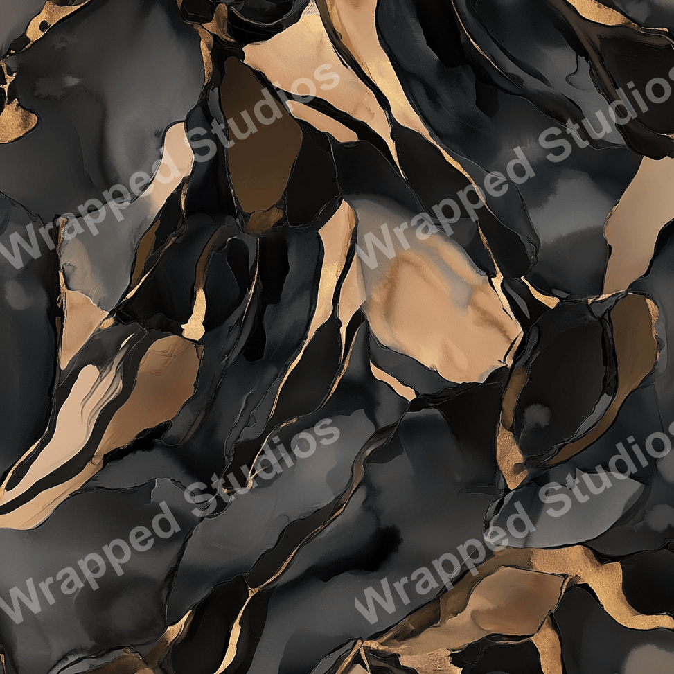 Modern abstract print design in black, gray, and gold tones.