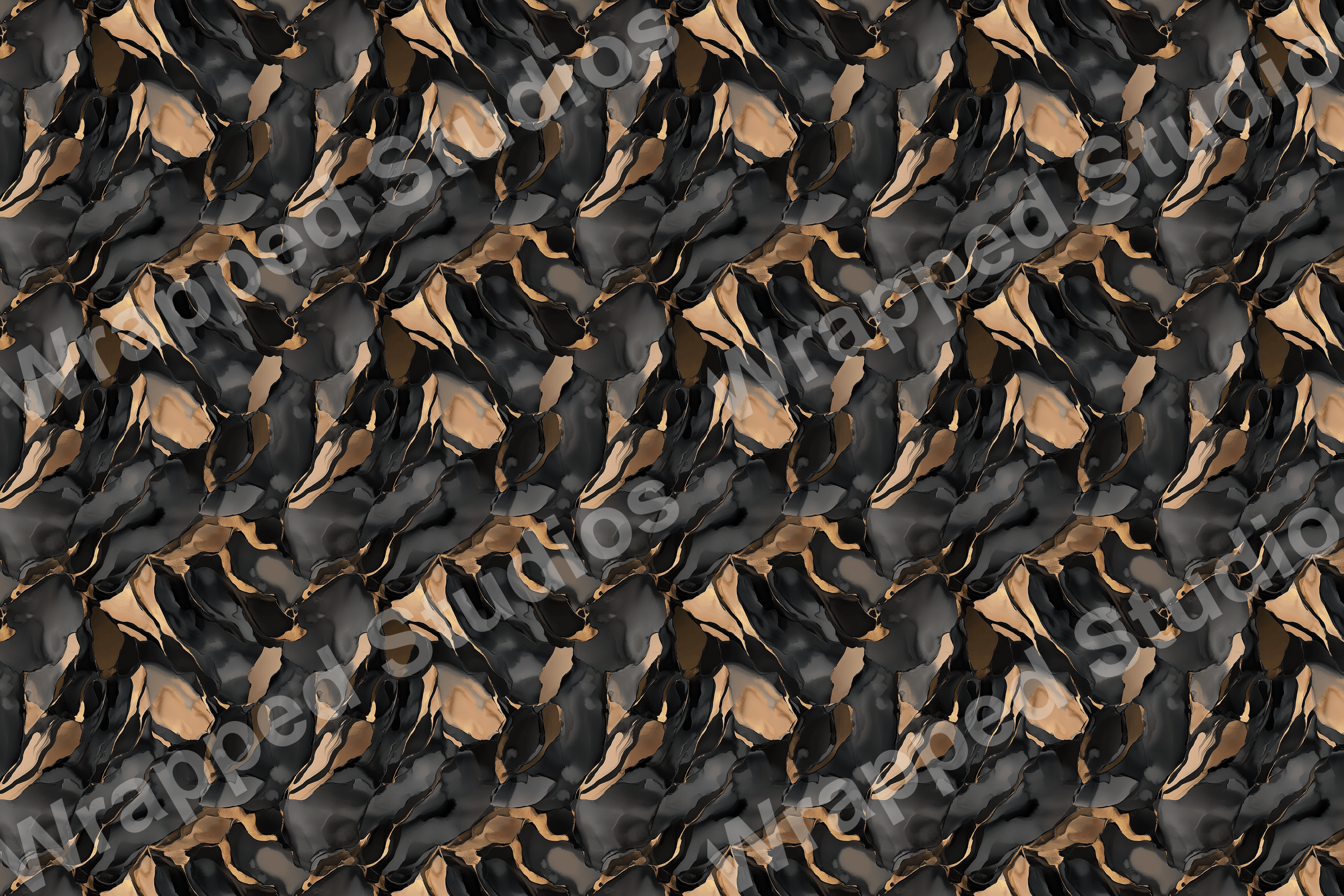 Seamless abstract pattern with dark gray and gold fluid art marbling.