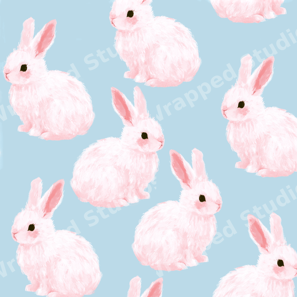 Cute seamless bunny pattern featuring fluffy pink rabbits on a pastel blue background.