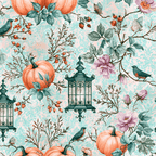 Vintage floral pattern with peach pumpkins, antique lanterns, and bluebirds on a pastel damask background.