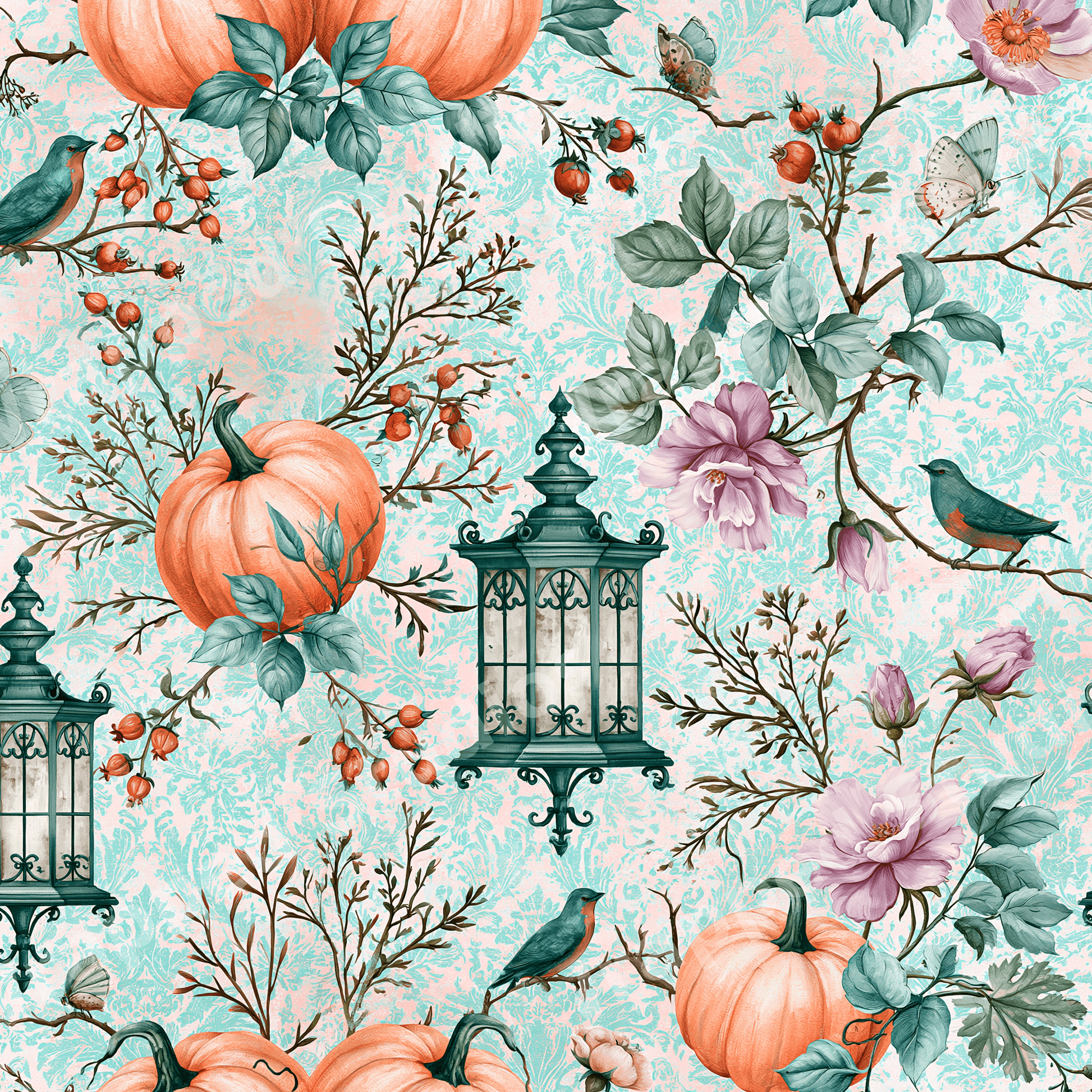 Vintage floral pattern with peach pumpkins, antique lanterns, and bluebirds on a pastel damask background.