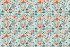 Vintage autumn botanical pattern with orange pumpkins, teal lanterns, and birds on a mint background.