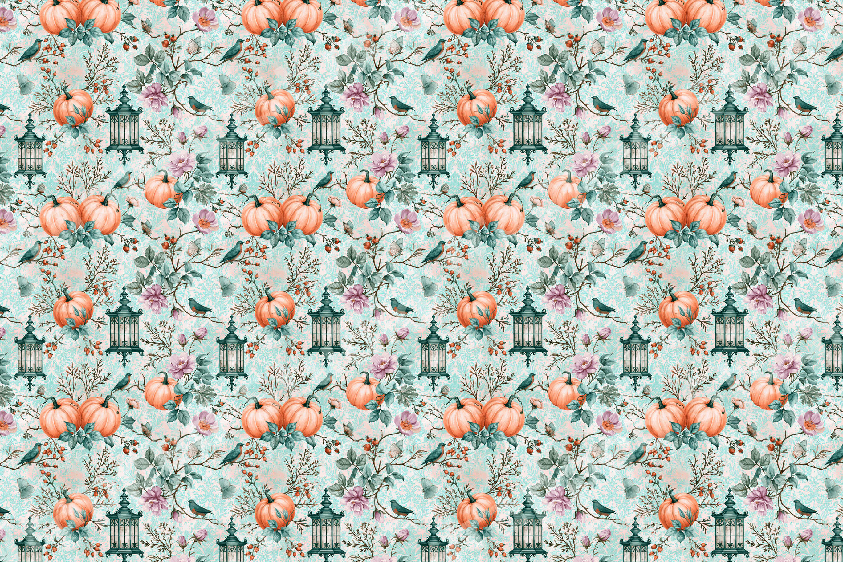 Vintage autumn botanical pattern with orange pumpkins, teal lanterns, and birds on a mint background.