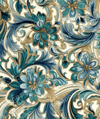 Elegant floral pattern featuring blue and teal flowers with swirling, vintage botanical accents.
