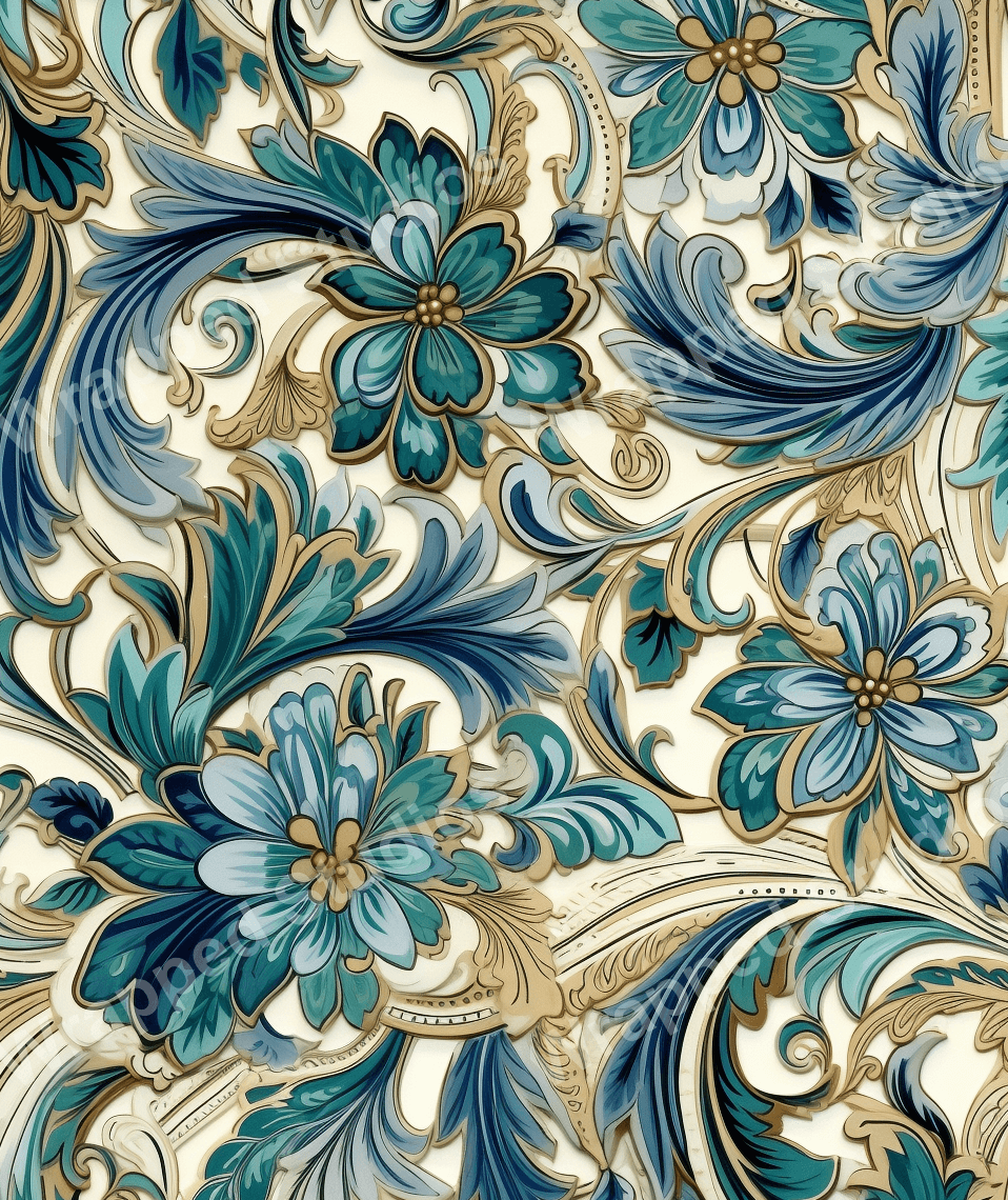 Elegant floral pattern featuring blue and teal flowers with swirling, vintage botanical accents.