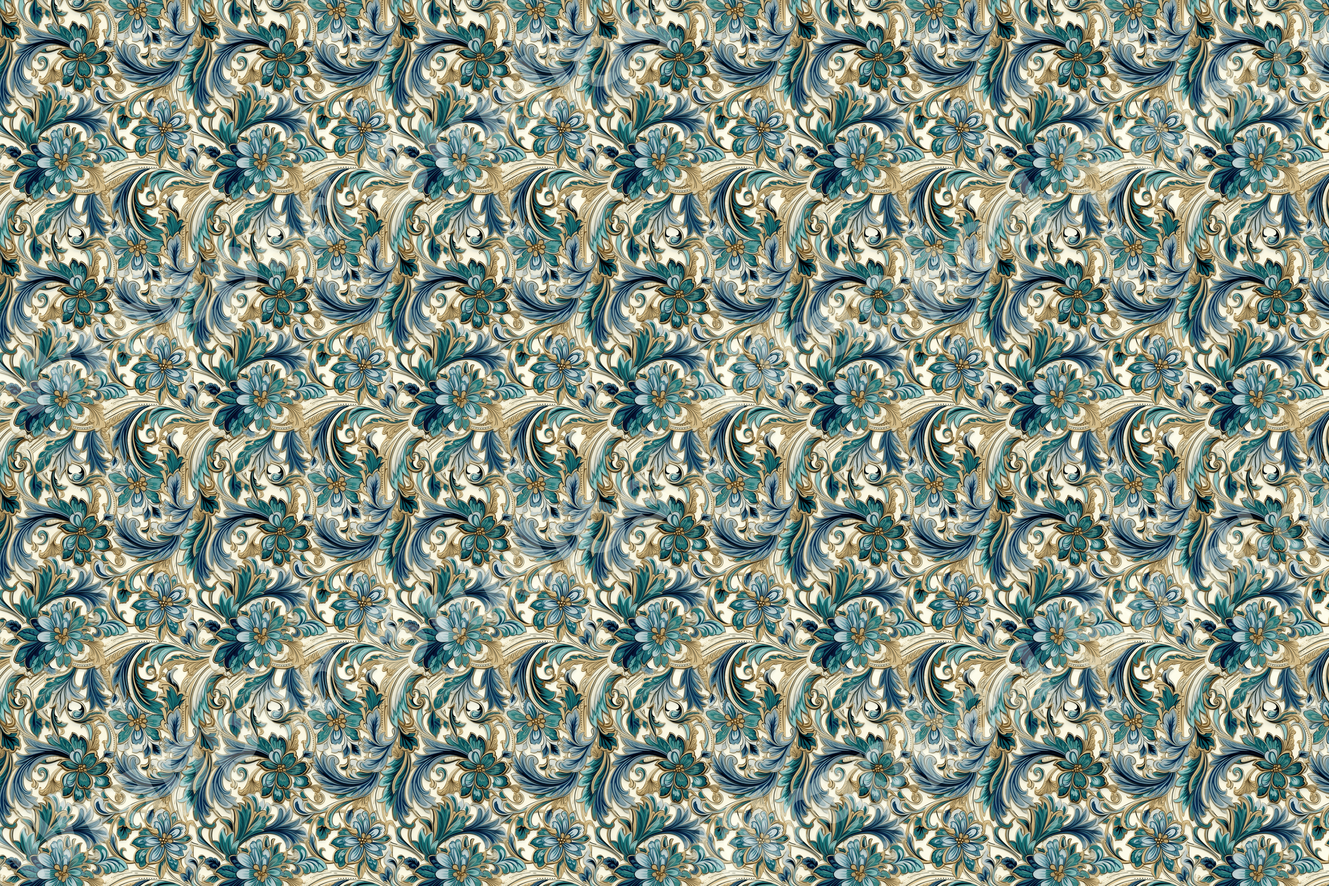Elegant vintage floral pattern with blue and gold botanical swirls.