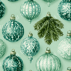 Watercolor Christmas pattern with vintage mint and sage green ornaments and pine branches.