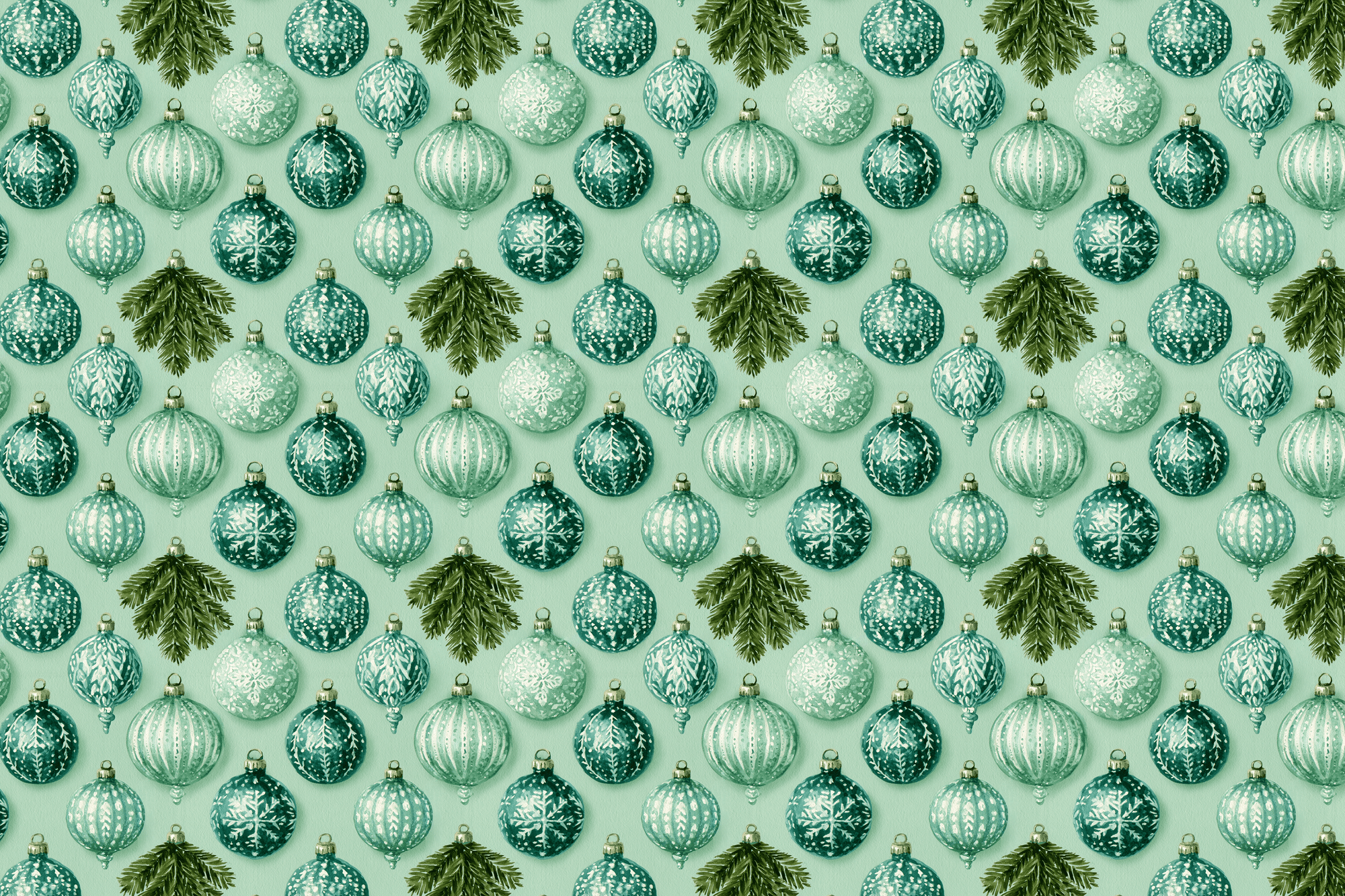 Mint Noel: Green Ornaments Christmas Wrapping Paper