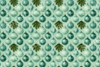Vintage holiday pattern with watercolor teal and mint green Christmas ornaments and pine branches.