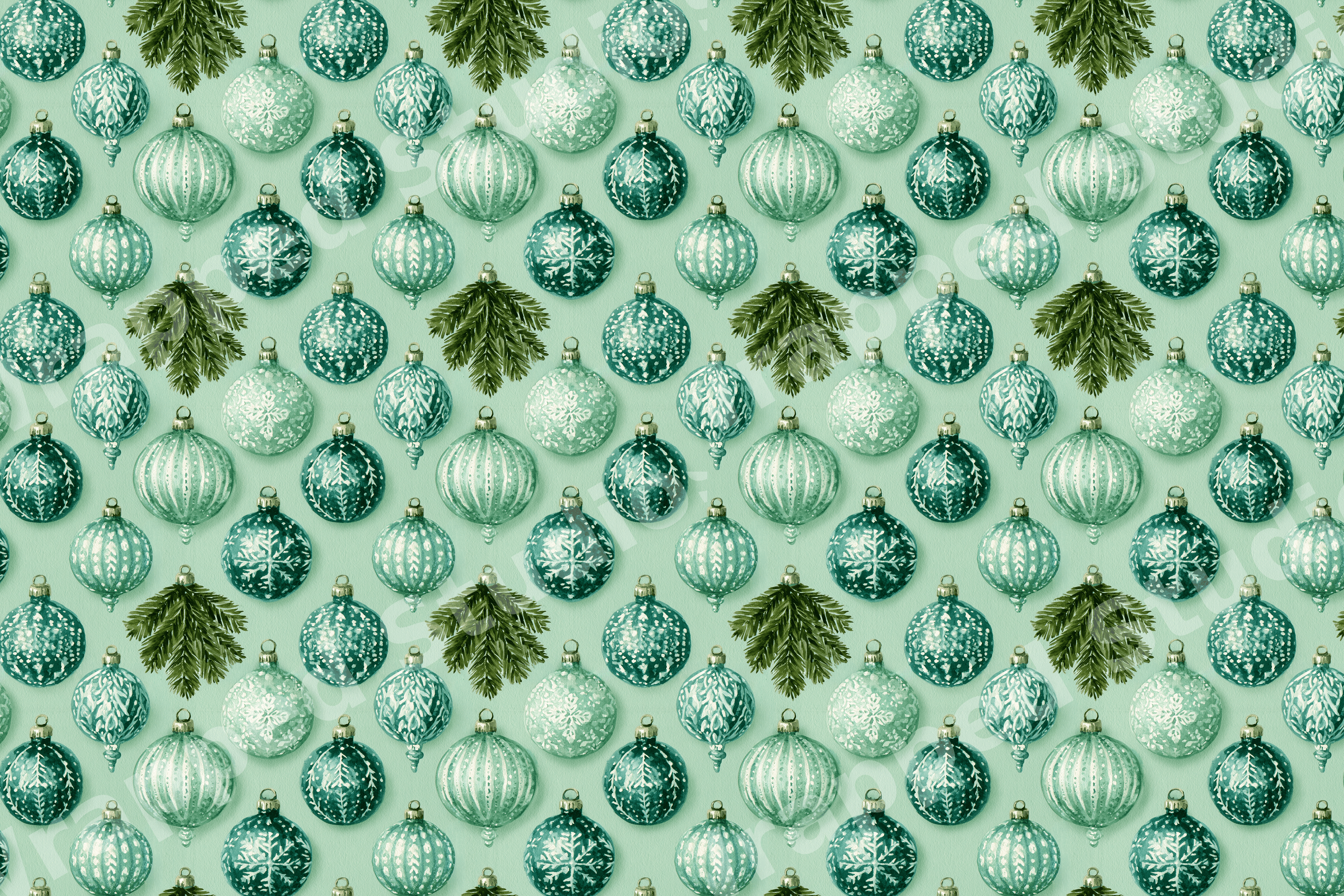Vintage holiday pattern with watercolor teal and mint green Christmas ornaments and pine branches.