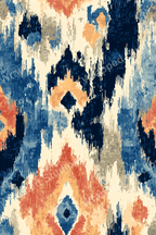 Abstract ikat pattern with navy, blue, and terracotta brushstrokes on a cream background.