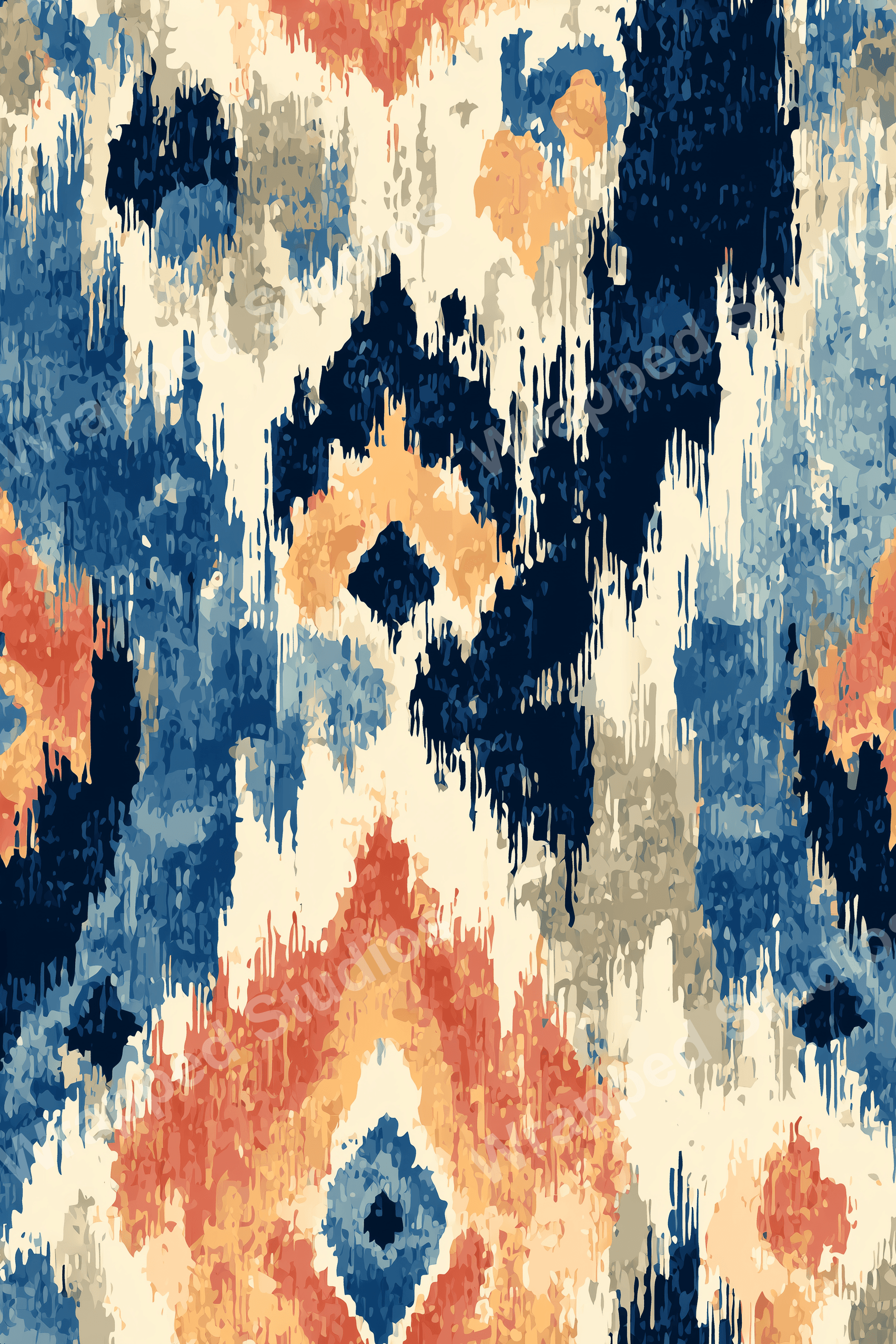 Abstract ikat pattern with navy, blue, and terracotta brushstrokes on a cream background.