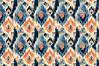 Ikat tribal pattern with diamond motifs in distressed indigo blue, warm orange, and beige.