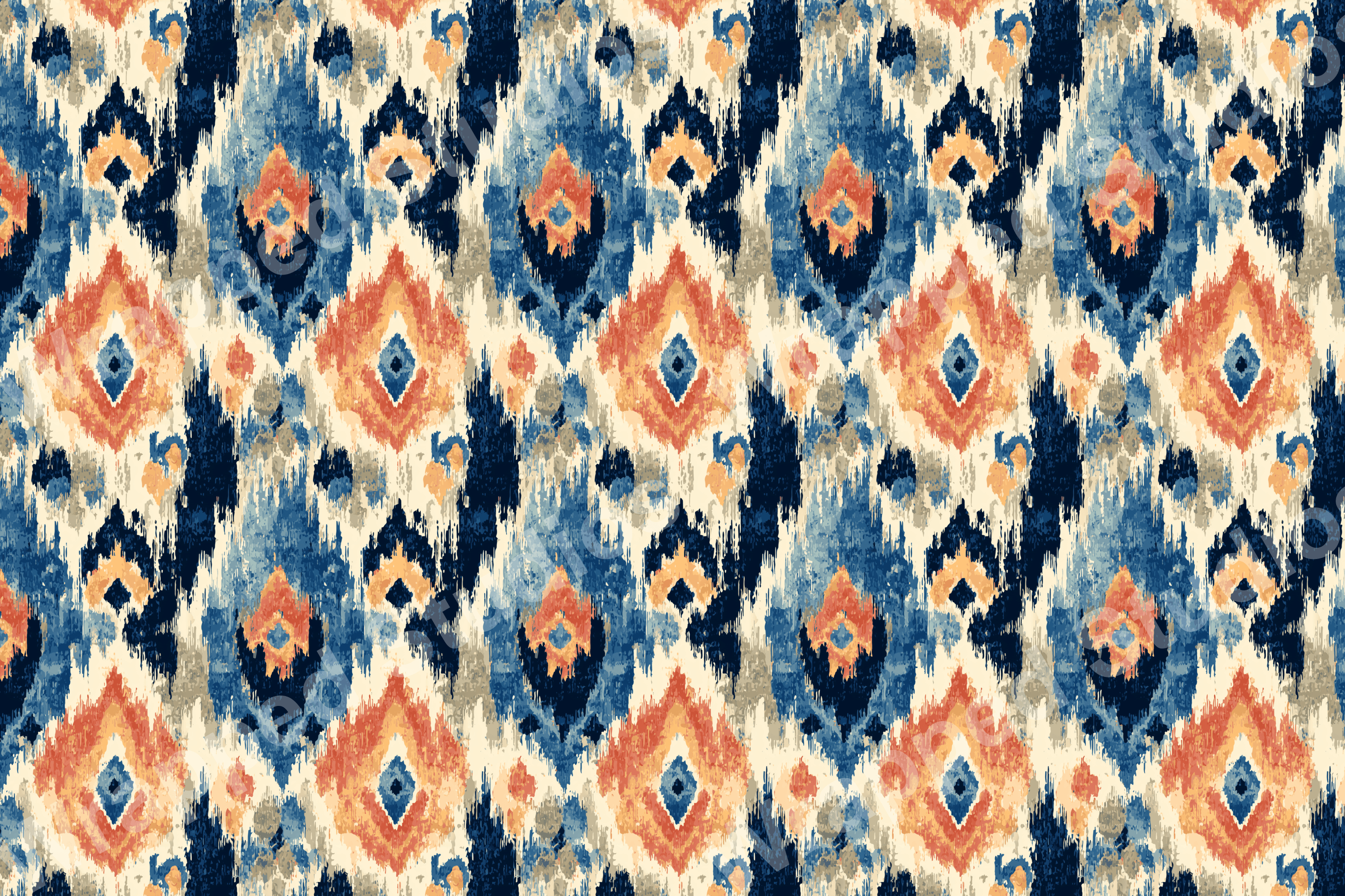 Ikat tribal pattern with diamond motifs in distressed indigo blue, warm orange, and beige.