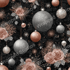 Elegant Christmas floral pattern with silver and rose gold ornaments on a dark background.