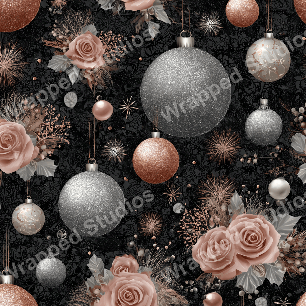 Elegant Christmas floral pattern with silver and rose gold ornaments on a dark background.