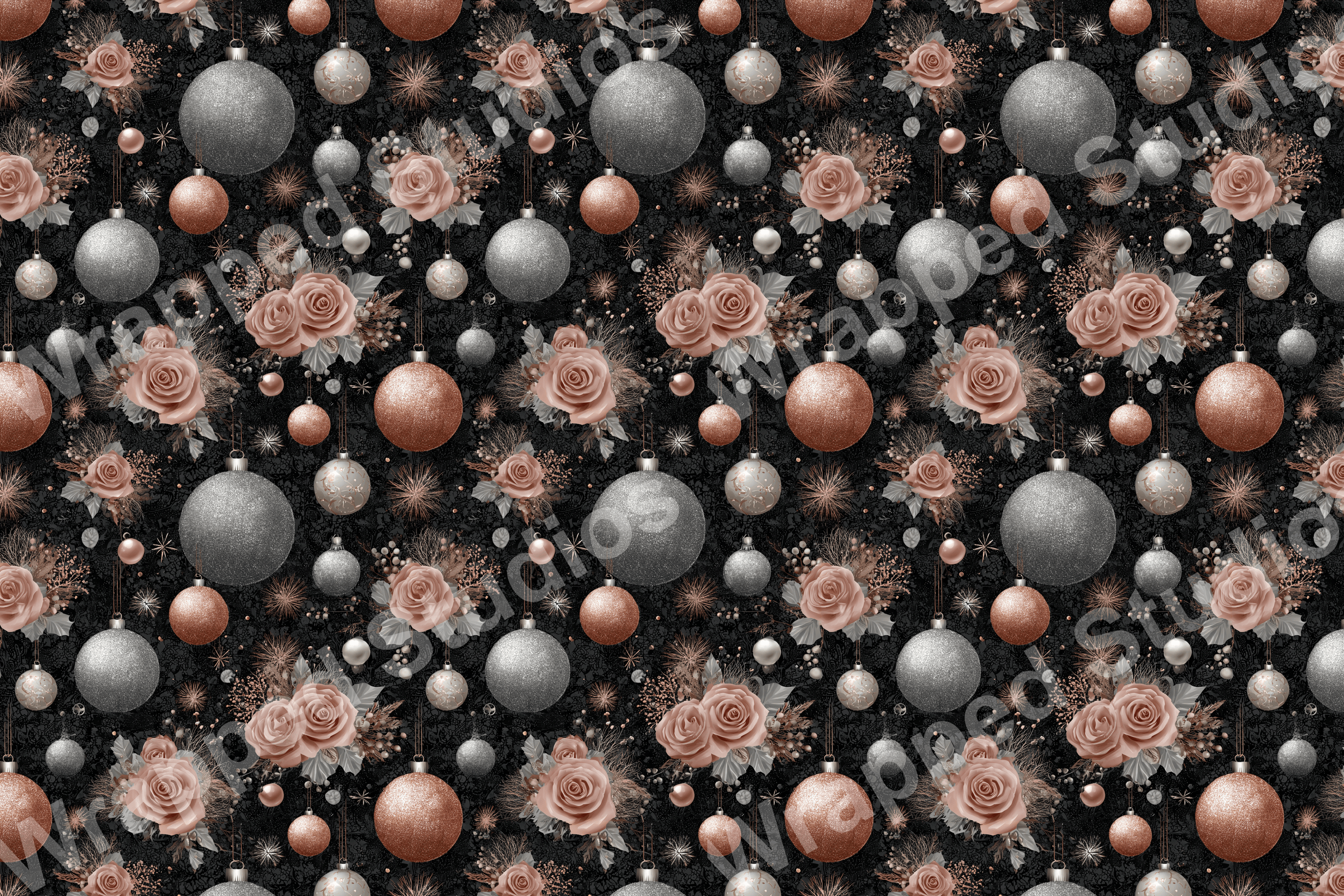 Glamorous Christmas holiday pattern with rose gold and silver glitter ornaments, subtle floral elements, and snowflakes.