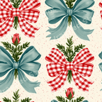 Vintage botanical design with red gingham, teal accents, roses, and green foliage on a cream background.