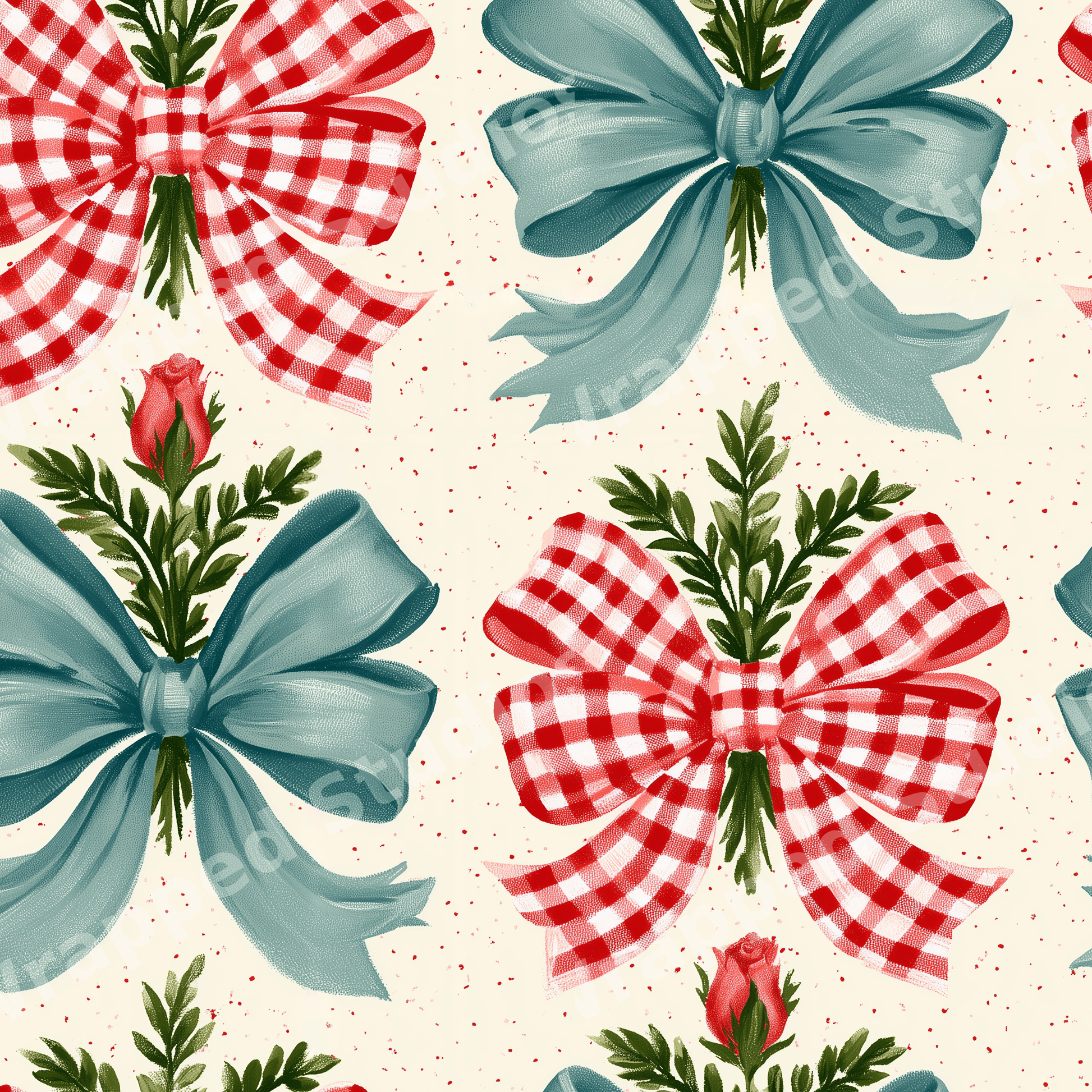 Vintage botanical design with red gingham, teal accents, roses, and green foliage on a cream background.