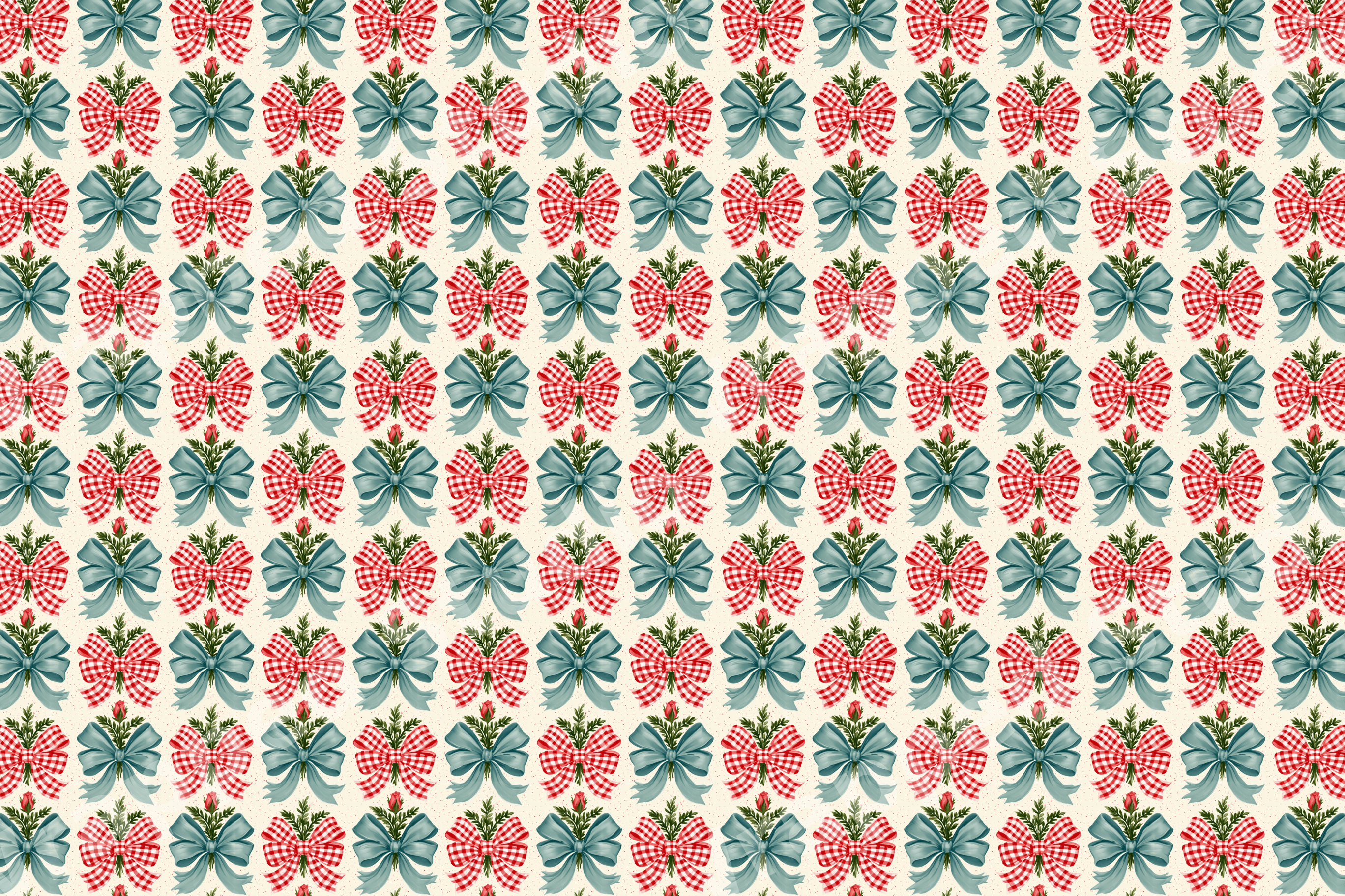 Vintage cottagecore bow pattern with red gingham ribbons, teal bows, and red roses on a cream background.