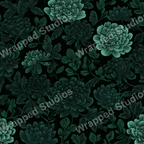 Elegant floral pattern with teal-green chrysanthemum flowers and leaves on a black backdrop.