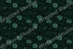 Dark teal floral pattern with line art botanical design on black.