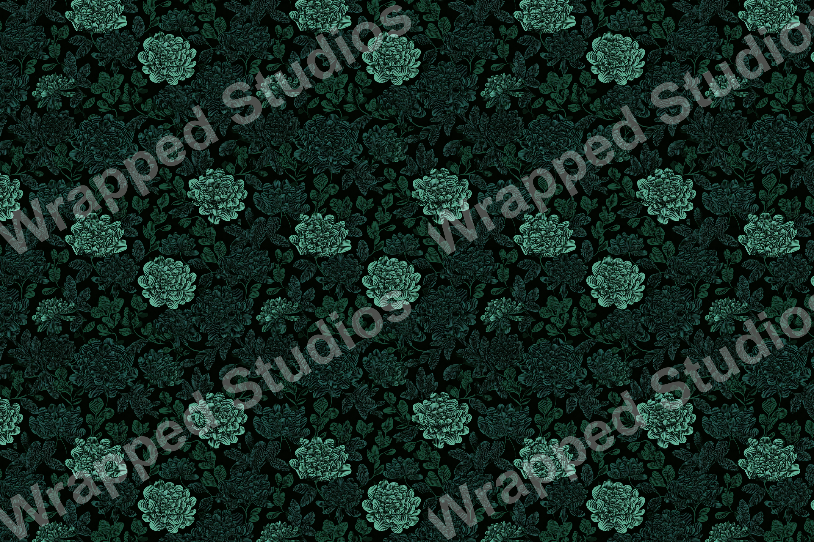 Dark teal floral pattern with line art botanical design on black.