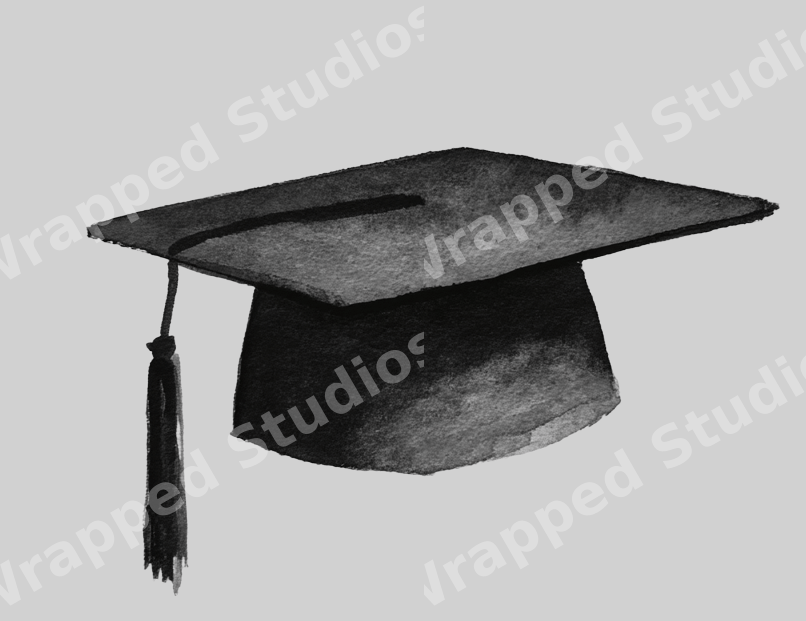 Watercolor graduation cap illustration in a minimalist black and grey style.