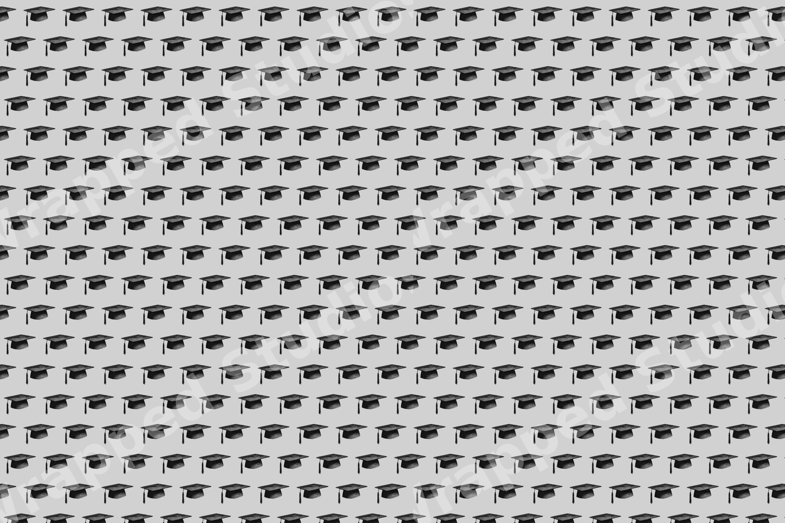 Seamless graduation cap pattern featuring black mortarboard hats on a minimalist gray background.