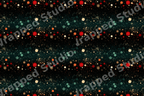 Modern abstract print featuring colorful red, teal, and gold confetti dots on a black background.