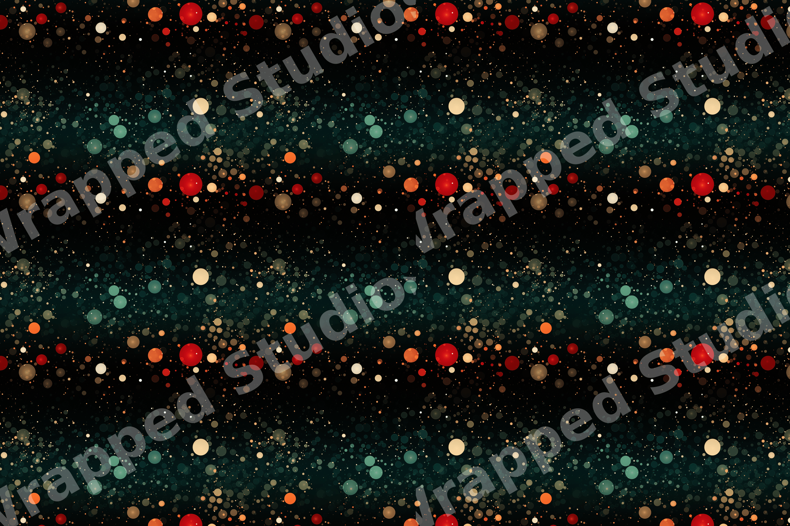 Modern abstract print featuring colorful red, teal, and gold confetti dots on a black background.