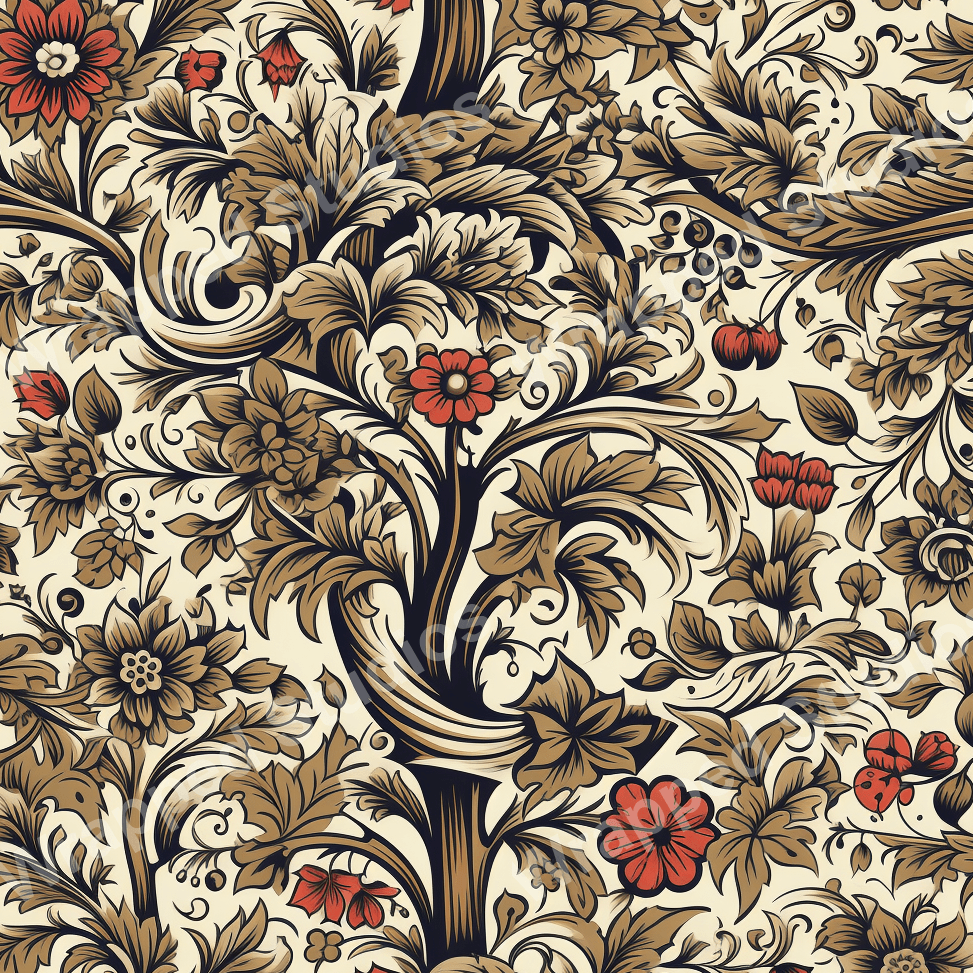 Detailed vintage botanical design featuring red blossoms, golden leaves, and swirling branches on a cream background.