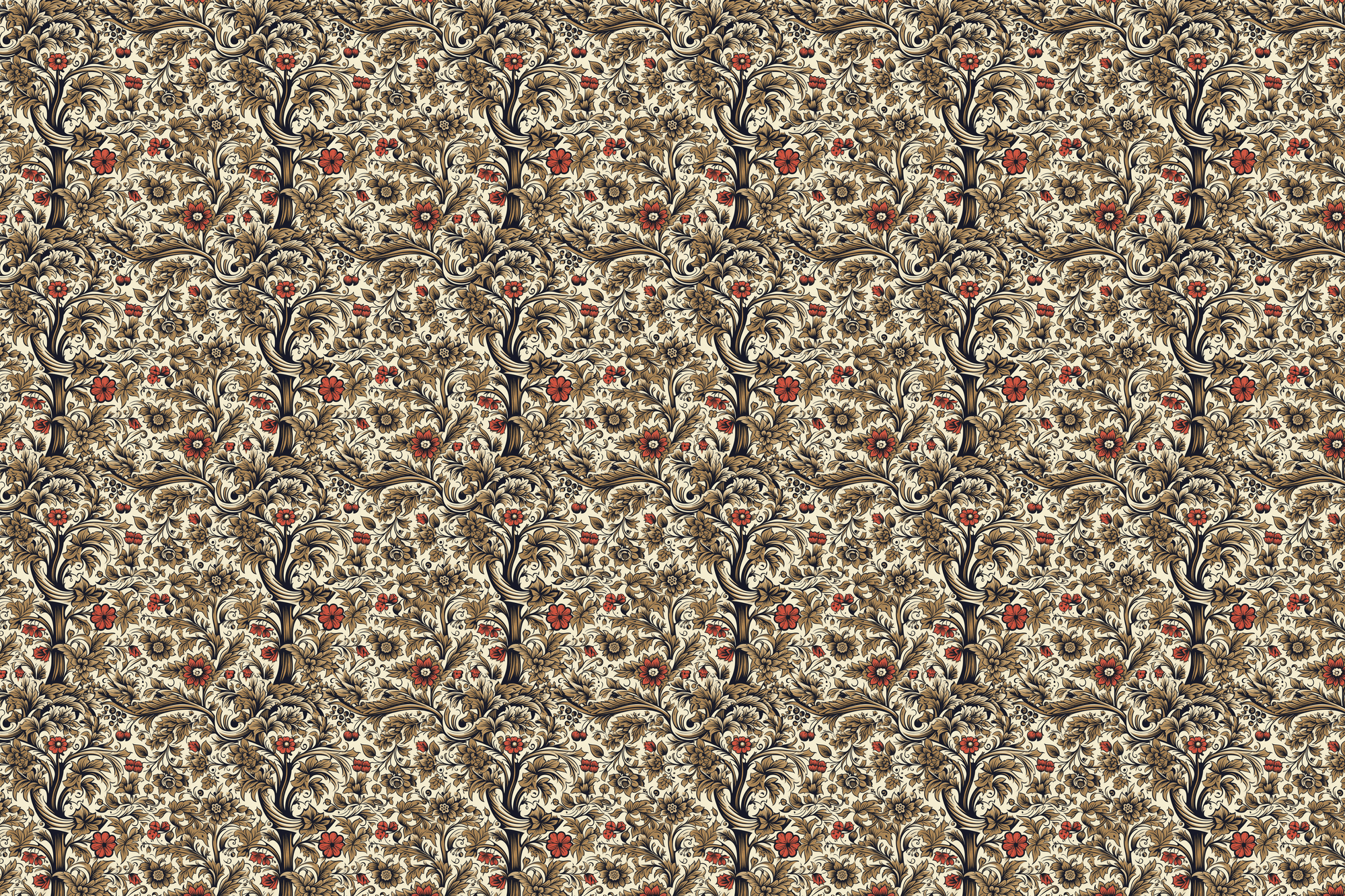Patterned William Morris style paper with intricate design featuring rust red and black elements on a beige background. Wrapped Studios luxury wrapping paper.