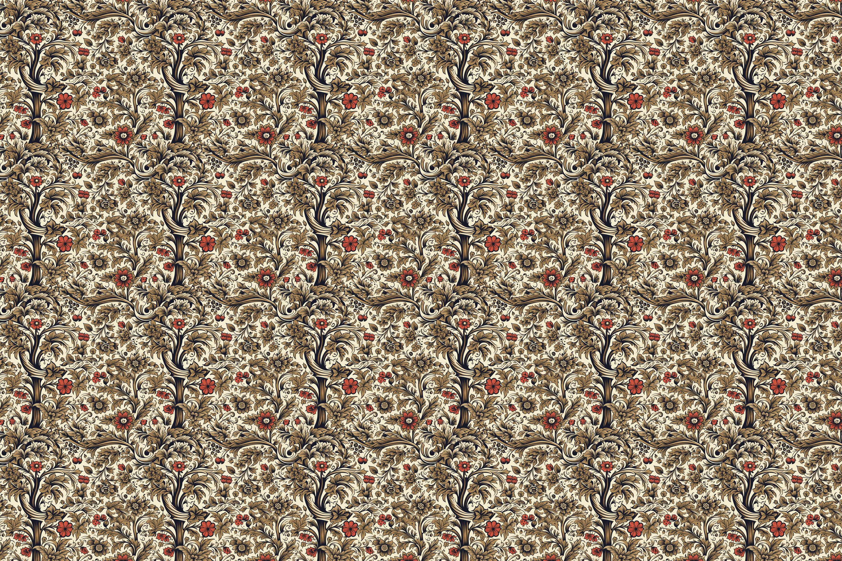 Patterned William Morris style paper with intricate design featuring rust red and black elements on a beige background. Wrapped Studios luxury wrapping paper.