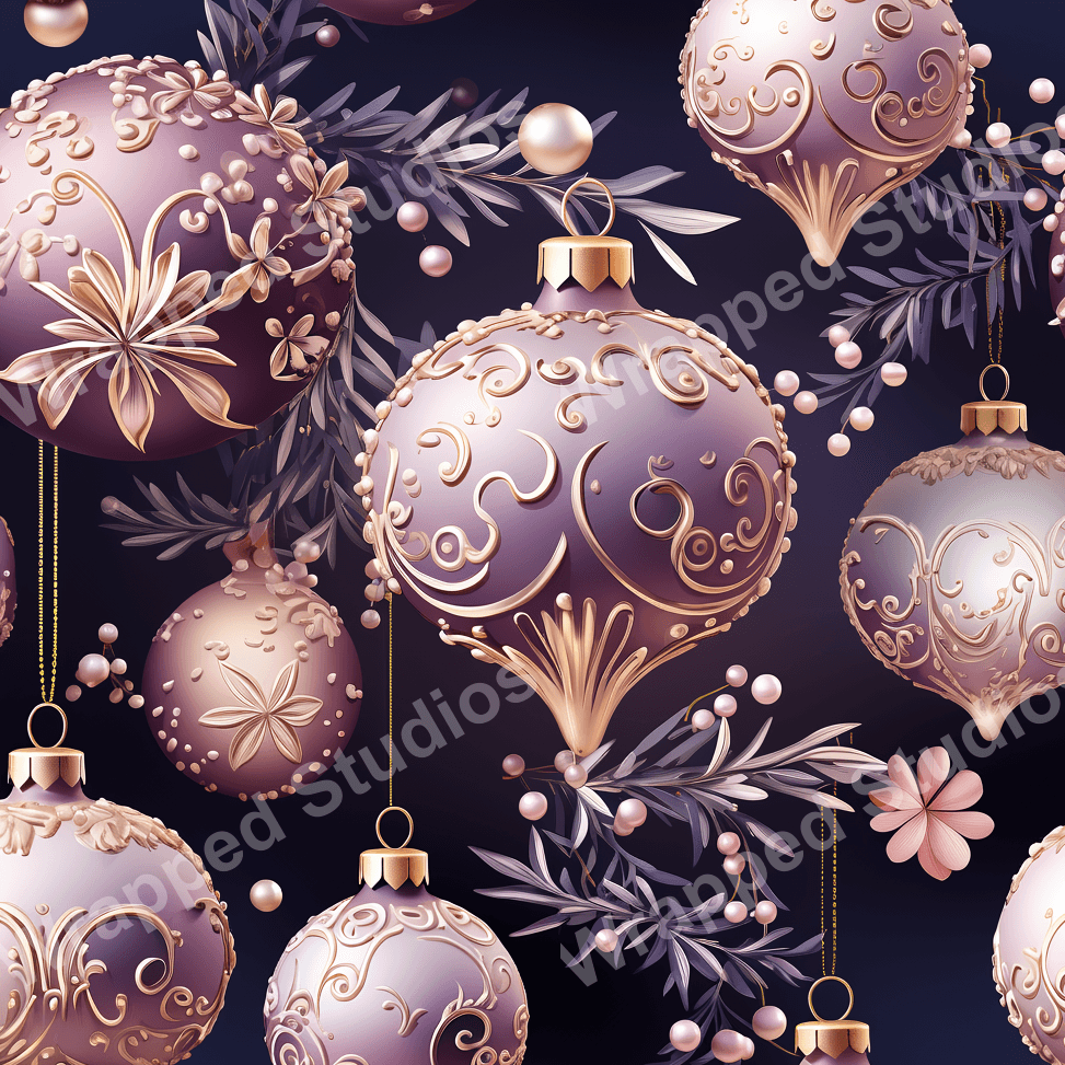 Seamless pattern of decorative lilac and gold Christmas ornament baubles and botanical sprigs on a dark background.