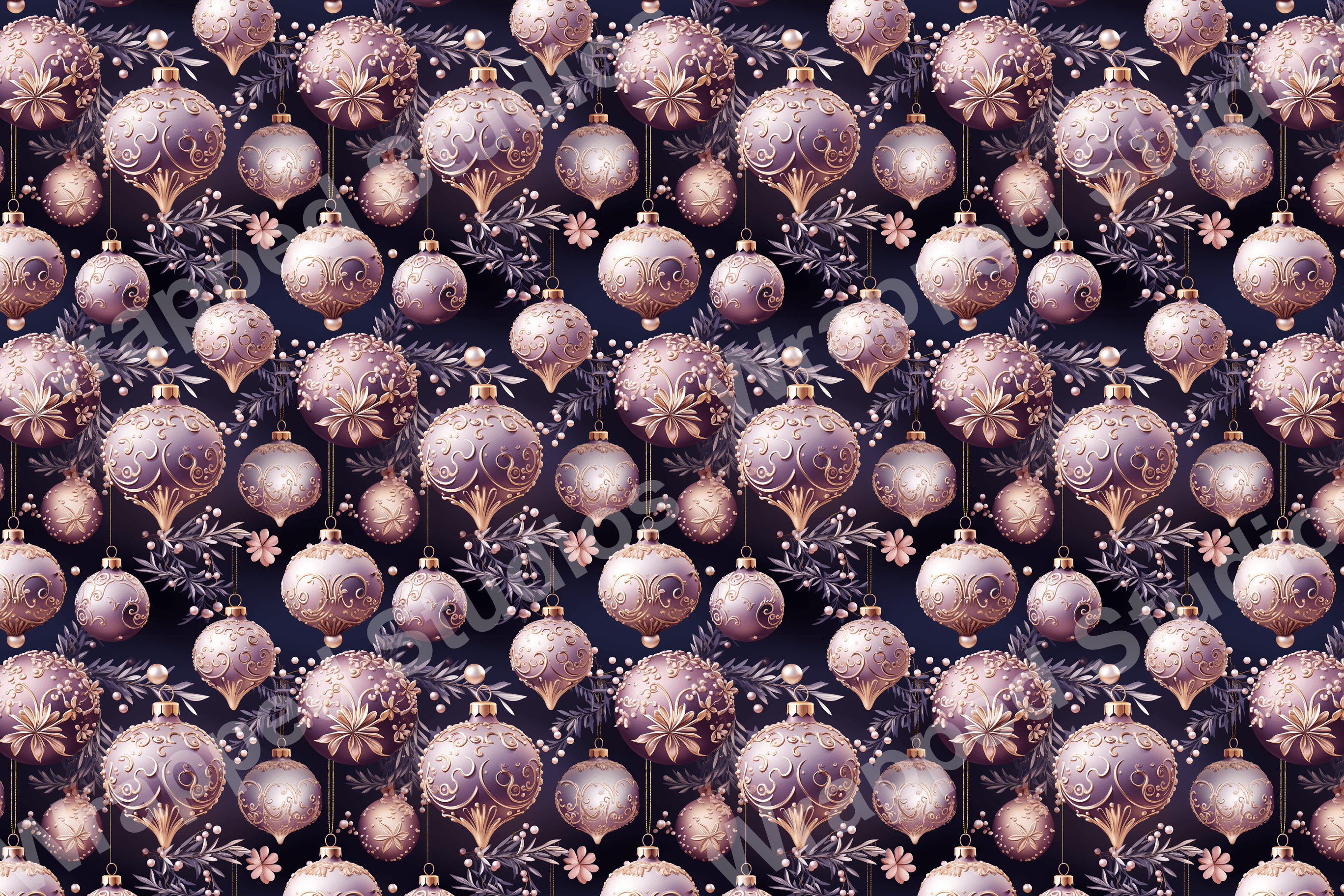 Elegant Christmas ornament pattern with decorative swirls, floral accents, and mauve hues.