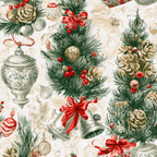 Vintage Christmas pattern with pine branches, red bows, and silver bells on a cream damask background.